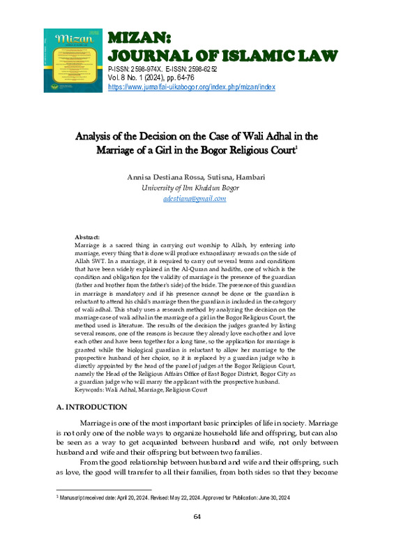 Analysis of the Decision on the Case of Wali Adhal in the Marriage of a Girl in the Bogor Religious Court.pdf Analysis of the Decision on the Case of Wali Adhal in the Marriage of a Girl in the Bogor Religious Court.pdf