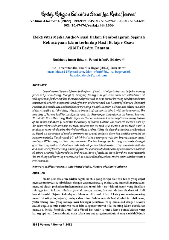 Efektivitas Media Audio Visual Dalam Pembelajaran Sejarah Kebudayaan Islam terhadap Hasil Belajar Siswa di MTs Badru Tamam.pdf Efektivitas Media Audio Visual Dalam Pembelajaran Sejarah Kebudayaan Islam terhadap Hasil Belajar Siswa di MTs Badru Tamam.pdf
