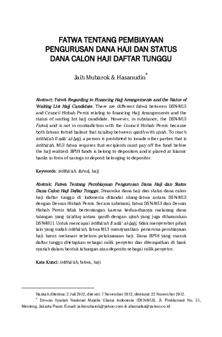 Fatwa Tentang Pembiayaan Pengurusan Dana Haji dan Status Dana Calon Haji Daftar Tunggu.pdf