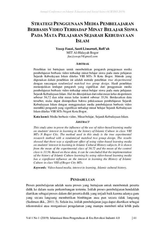 Strategi Penggunaan Media Pembelajaran Berbasis Video Terhadap Minat Belajar Siswa Pada Mata Pelajaran Sejarah Kebudayaan Islam.pdf Strategi Penggunaan Media Pembelajaran Berbasis Video Terhadap Minat Belajar Siswa Pada Mata Pelajaran Sejarah Kebudayaan Islam.pdf