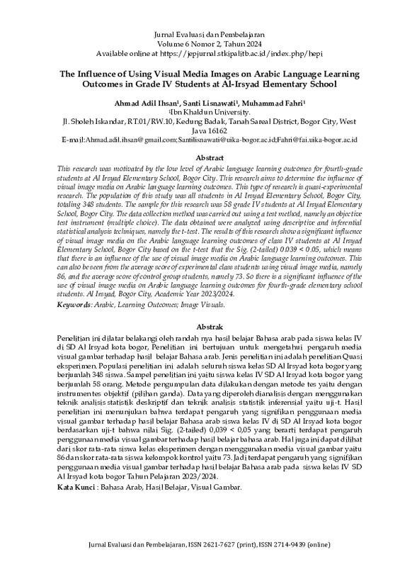 The Influence of Using Visual Media Images on Arabic Language Learning Outcomes in Grade IV Students at Al-Irsyad Elementary School.pdf The Influence of Using Visual Media Images on Arabic Language Learning Outcomes in Grade IV Students at Al-Irsyad Elementary School.pdf