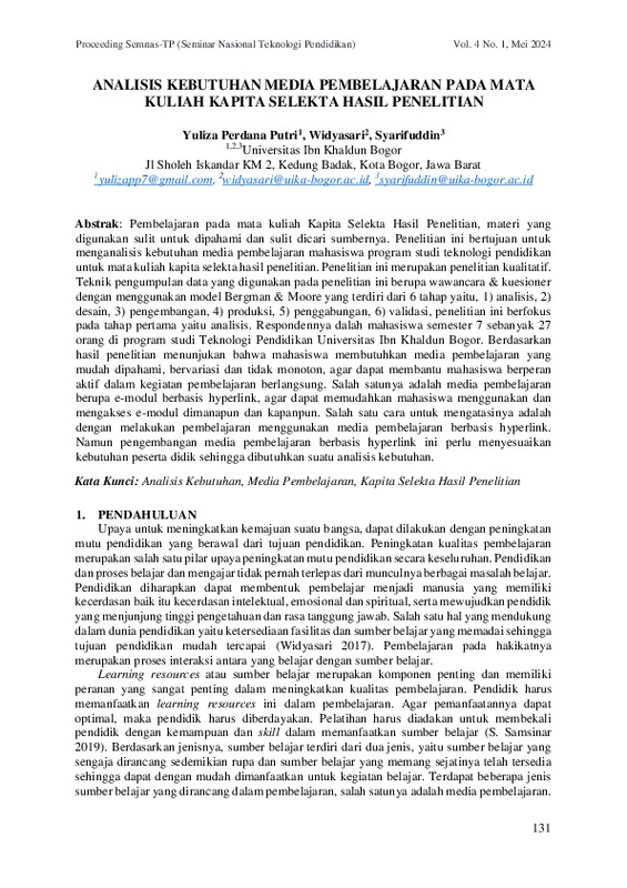 ANALISIS KEBUTUHAN MEDIA PEMBELAJARAN PADA MATA KULIAH KAPITA SELEKTA HASIL PENELITIAN.pdf ANALISIS KEBUTUHAN MEDIA PEMBELAJARAN PADA MATA KULIAH KAPITA SELEKTA HASIL PENELITIAN.pdf
