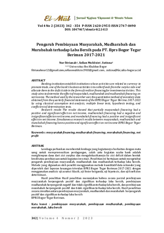 Pengaruh Pembiayaan Musyarakah, Mudharabah dan Murabahah terhadap Laba Bersih pada PT. Bprs Bogor Tegar Beriman 2017-2021.pdf