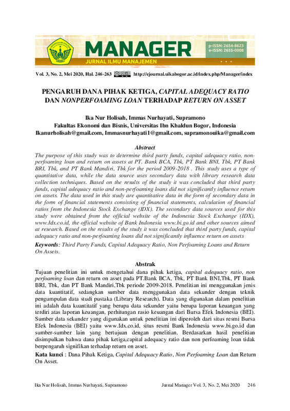 PENGARUH DANA PIHAK KETIGA, CAPITAL ADEQUACY RATIO DAN NONPERFOAMING LOAN TERHADAP RETURN ON ASSET.pdf PENGARUH DANA PIHAK KETIGA, CAPITAL ADEQUACY RATIO DAN NONPERFOAMING LOAN TERHADAP RETURN ON ASSET.pdf