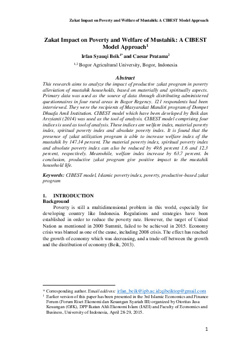 Zakat impact on poverty and welfare of mustahik,A CIBEST model approach.pdf Zakat impact on poverty and welfare of mustahik,A CIBEST model approach.pdf