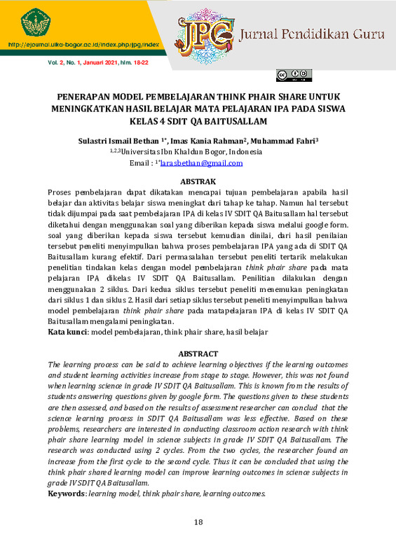 PENERAPAN MODEL PEMBELAJARAN THINK PHAIR SHARE UNTUK MENINGKATKAN HASIL BELAJAR MATA PELAJARAN IPA PADA SISWA KELAS 4 SDIT QA BAITUSALLAM.pdf