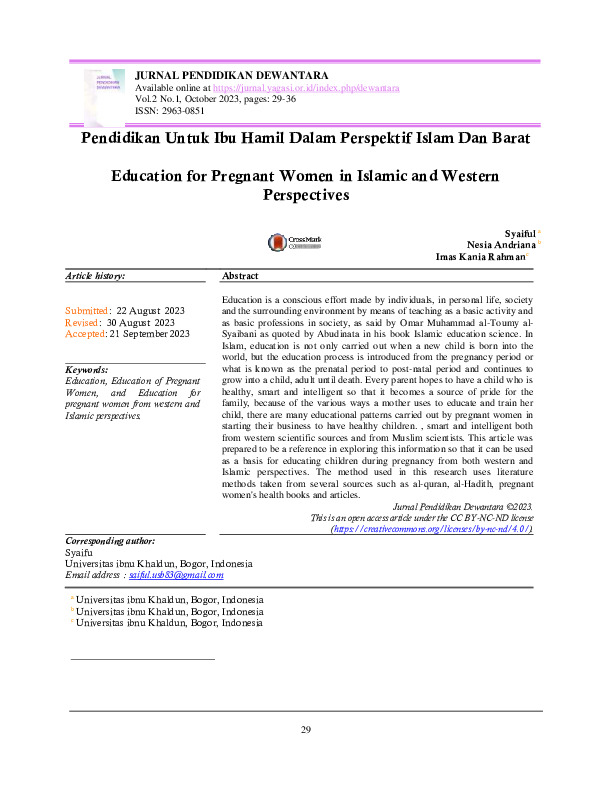 Pendidikan Untuk Ibu Hamil Dalam Perspektif Islam Dan Barat Education for Pregnant Women in Islamic and Western Perspectives.pdf Pendidikan Untuk Ibu Hamil Dalam Perspektif Islam Dan Barat Education for Pregnant Women in Islamic and Western Perspectives.pdf