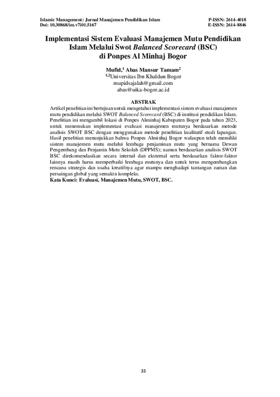 Implementasi Sistem Evaluasi Manajemen Mutu Pendidikan Islam Melalui Swot Balanced Scorecard (BSC) di Ponpes Al Minhaj Bogor.pdf