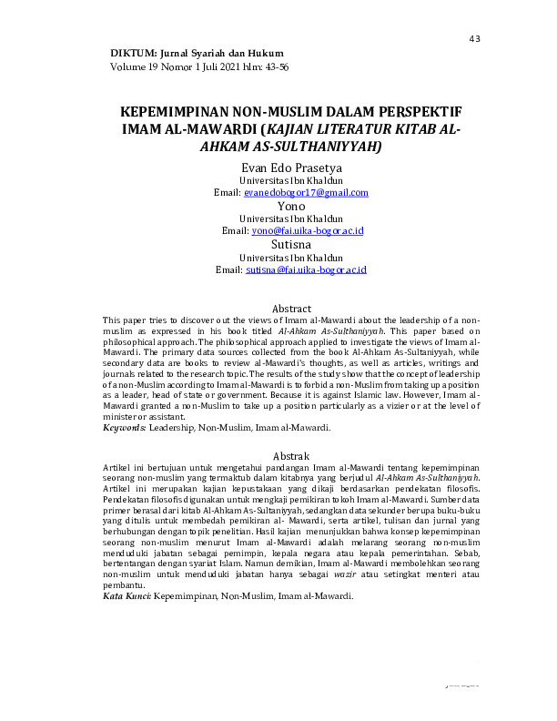 Kepemimpinan Non-Muslim Dalam Perspektif Imam Al-Mawardi (Kajian Literatur Kitab Al-Ahkam As-Sulthaniyyah).pdf