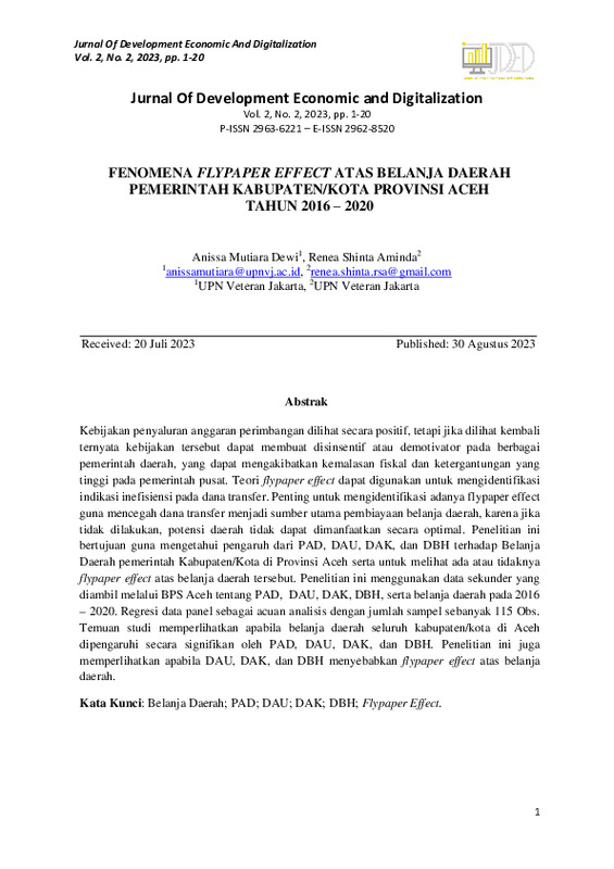 FENOMENA FLYPAPER EFFECT ATAS BELANJA DAERAH PEMERINTAH KABUPATENKOTA PROVINSI ACEH TAHUN 2016–2020.pdf FENOMENA FLYPAPER EFFECT ATAS BELANJA DAERAH PEMERINTAH KABUPATENKOTA PROVINSI ACEH TAHUN 2016–2020.pdf