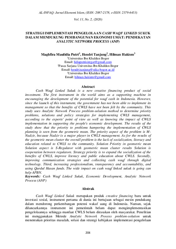 Strategi implementasi pengelolaan Cash Waqf Linked Sukuk dalam mendukung pembangunan ekonomi umat Pendekatan analytic network process (ANP).pdf