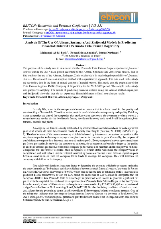 Analysis Of The Use Of Altman, Springate And Zmijewski Models In Predicting Financial Distress In Perumda Tirta Pakuan Bogor City.pdf Analysis Of The Use Of Altman, Springate And Zmijewski Models In Predicting Financial Distress In Perumda Tirta Pakuan Bogor City.pdf