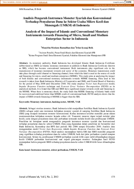 Analisis pengaruh instrumen moneter syariah dan konvensional terhadap penyaluran dana ke sektor usaha mikro kecil dan menengah (umkm) di indonesia.pdf