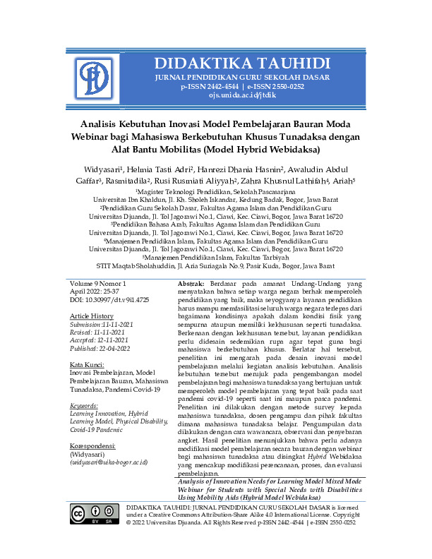 Analisis Kebutuhan Inovasi Model Pembelajaran Bauran Moda Webinar bagi Mahasiswa Berkebutuhan Khusus Tunadaksa dengan Alat Bantu Mobilitas (Model Hybrid Webidaksa).pdf
