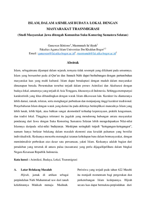 ISLAM, DALAM ASIMILASI BUDAYA LOKAL DENGAN MASYARAKAT TRASNMIGRASI (Studi Masyarakat Jawa ditengah Komunitas Suku Komering Sumatera Selatan).pdf ISLAM, DALAM ASIMILASI BUDAYA LOKAL DENGAN MASYARAKAT TRASNMIGRASI (Studi Masyarakat Jawa ditengah Komunitas Suku Komering Sumatera Selatan).pdf