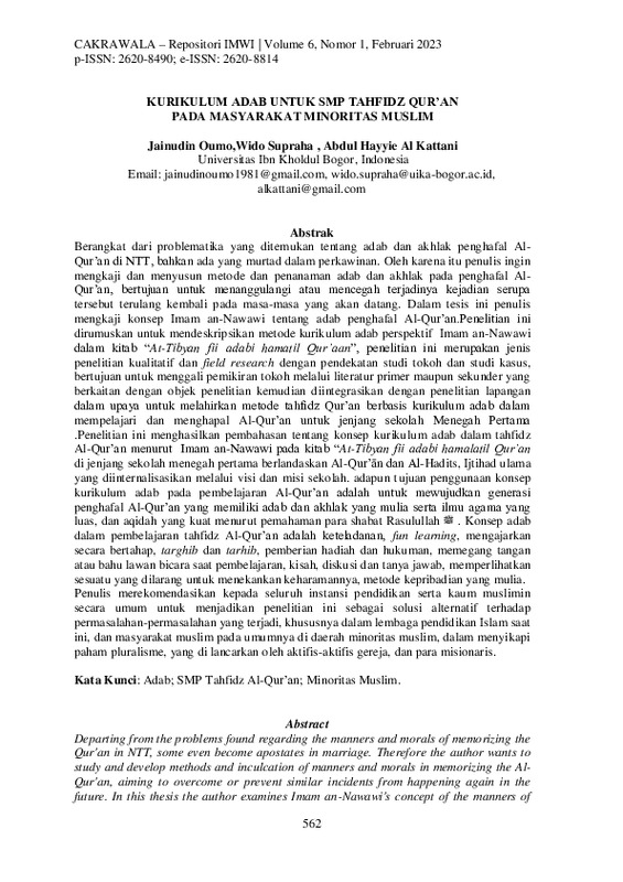 Kurikulum Adab Untuk SMP Tahfidz Qur’an Pada Masyarakat Minoritas Muslim.pdf Kurikulum Adab Untuk SMP Tahfidz Qur’an Pada Masyarakat Minoritas Muslim.pdf