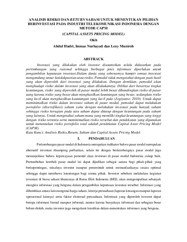 Analisis Risiko dan Return Saham untuk Menentukan Pilihan Berinvestasi pada Industri Telekomunikasi Indonesia dengan Metode CAPM (Capital Assets Pricing Model).pdf