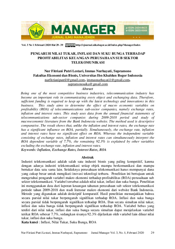 Pengaruh Nilai Tukar, Inflasi Dan Suku Bunga Terhadap Profitabilitas Keuangan Perusahaan Sub Sektor Telekomunikasi.pdf
