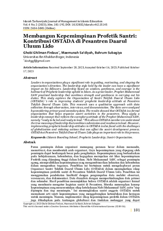 Membangun kepemimpinan profetik santri Kontribusi OSTADA di Pesantren Daarul Uluum Lido.pdf Membangun kepemimpinan profetik santri Kontribusi OSTADA di Pesantren Daarul Uluum Lido.pdf