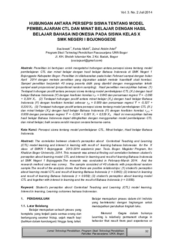 Hubungan Antara Persepsi Siswa Tentang Model Pembelajaran Ctl Dan Minat Belajar Dengan Hasil Belajar Bahasa Indonesia Pada Siswa Kelas X Smk Negeri I Bojonggede.pdf