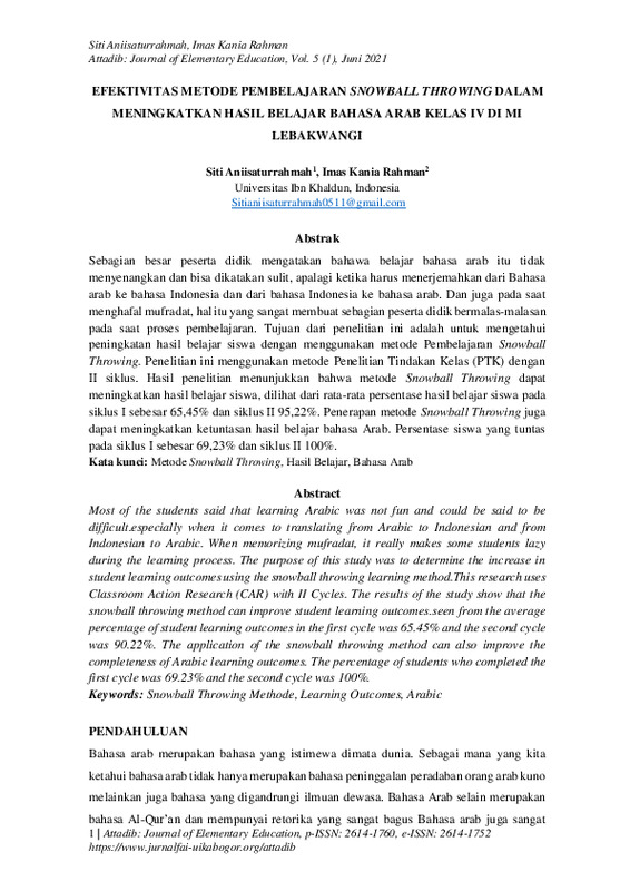 Efektivitas Metode Pembelajaran Snowball Throwing Dalam Meningkatkan Hasil Belajar Bahasa Arab Kelas Iv Di Mi Lebakwangi.pdf Efektivitas Metode Pembelajaran Snowball Throwing Dalam Meningkatkan Hasil Belajar Bahasa Arab Kelas Iv Di Mi Lebakwangi.pdf